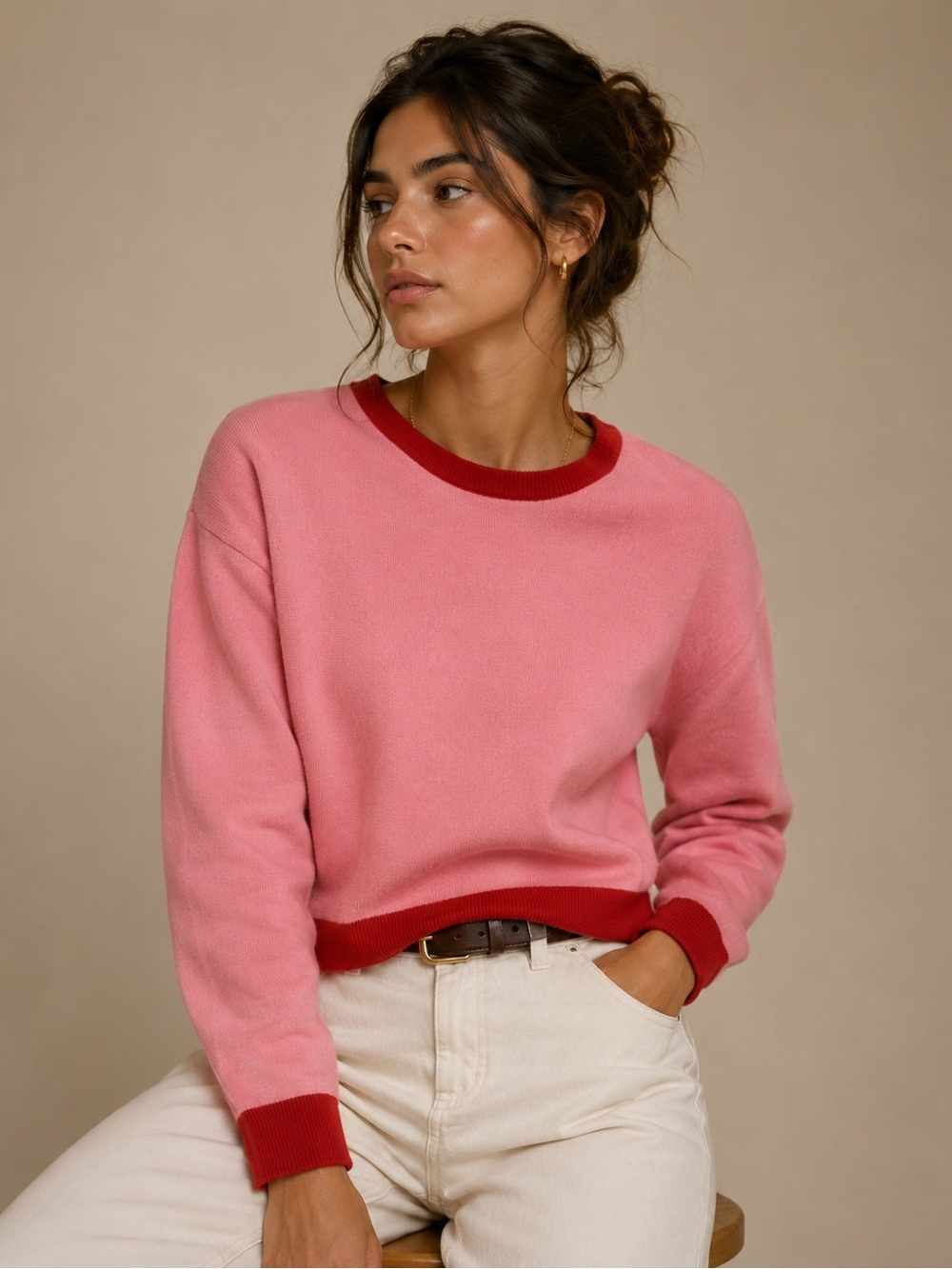 Mango Pink Red Colorblock Sweater Soft Knit Preppy Statement Pullover L